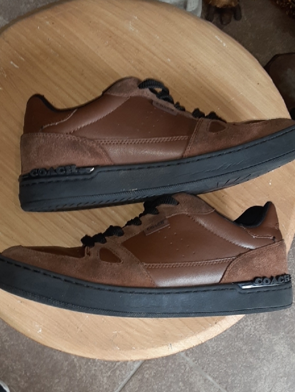 Coach Men's Clip Court Leather Suede Low Top Sneakers Saddle Brown Black 8.5D - Picture 5 of 13